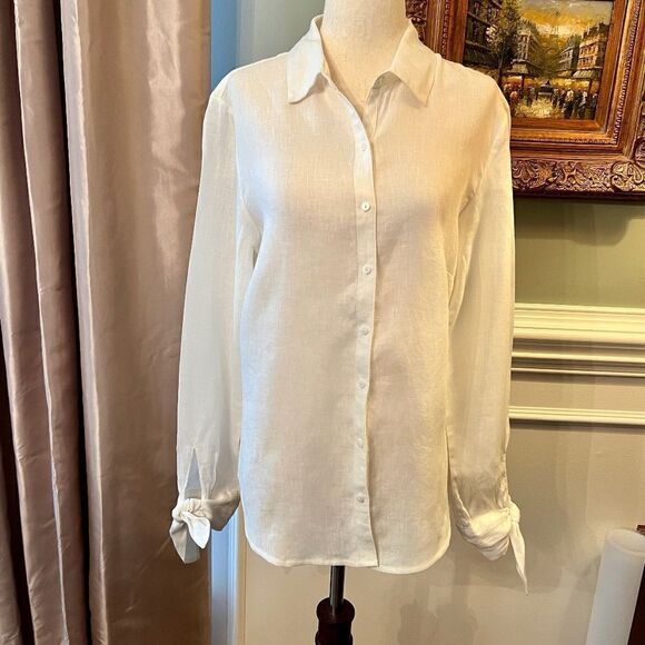 EEUC‎ Saks Fifth Avenue White Linen Button Front Shirt Top blouse Tie Cuff SMALL - Picture 3 of 5